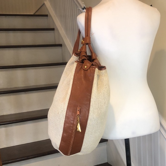 SHARIF AMERICANA Knit Leather Accent Drawstring Bucket Backpack Sling Bag - Picture 7 of 17